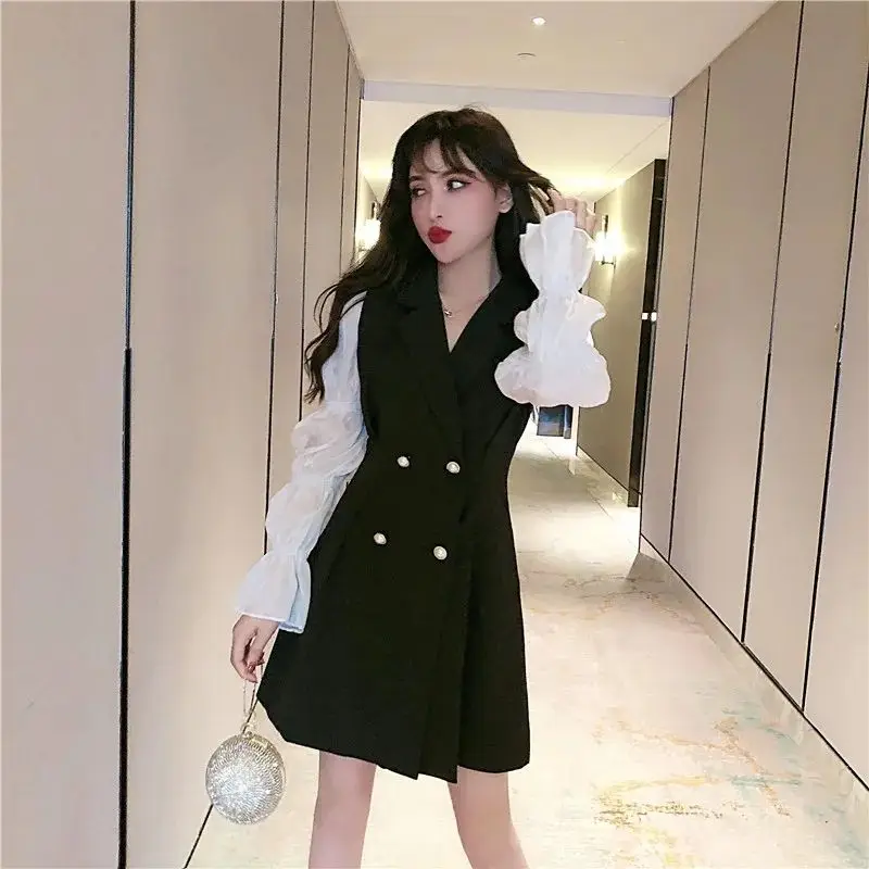 Long Puff Sleeve Dress Women Notched Office Ladies Elegant Patchwork Casual Ins Streetwear Double Breasted Fashion New Ulzzang zara dresses