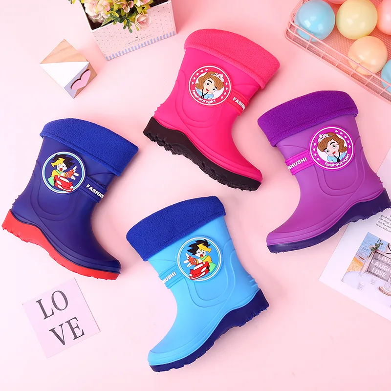 

Shun zhi CHILDREN'S Rain Boots Men And Women Cartoon plus Velvet Anti-slip Boots Rain Shoes Rain Boots Big Kid Warm Non-slip S