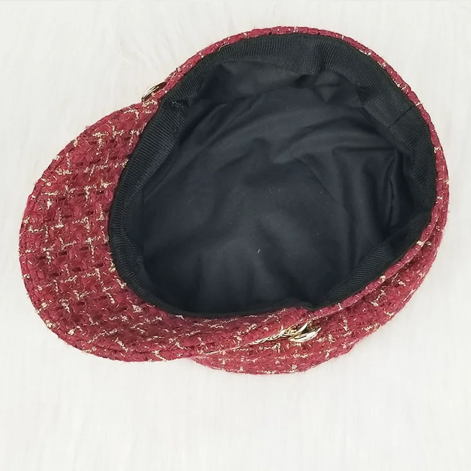 Fashion Lace cotton hat cap women casual streetwear rope flat cap elegant solid autumn winter warm Metal chainberet hat female