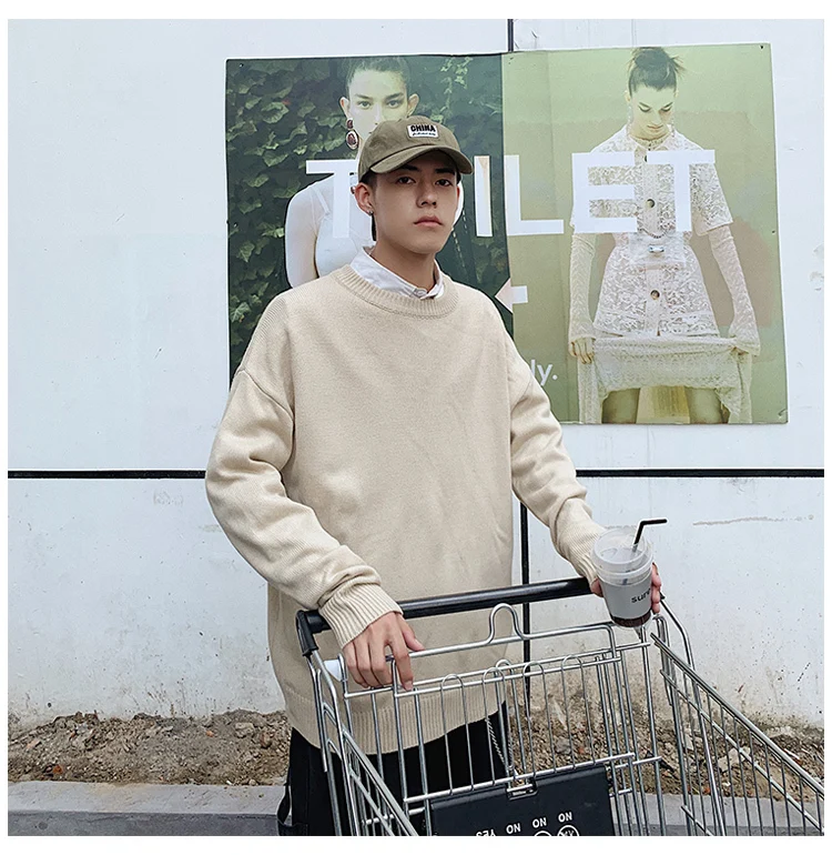 Autumn And Winter New Youth Male Printed Knit Sweater Fashion Casual Loose Pullover White Gray Khaki / Military Green S-XL