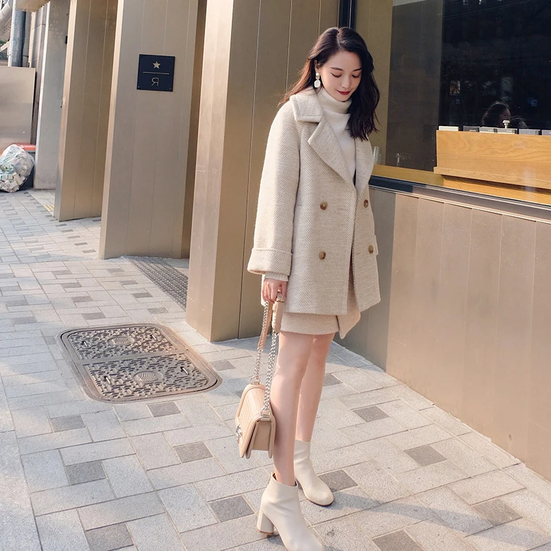 Зимняя куртка из искусственной шерсти и юбка в комплекте, корейское пальто для женщин Za, женское манто, Женская Осенняя Базовая модная Толстая накидка - Цвет: beige