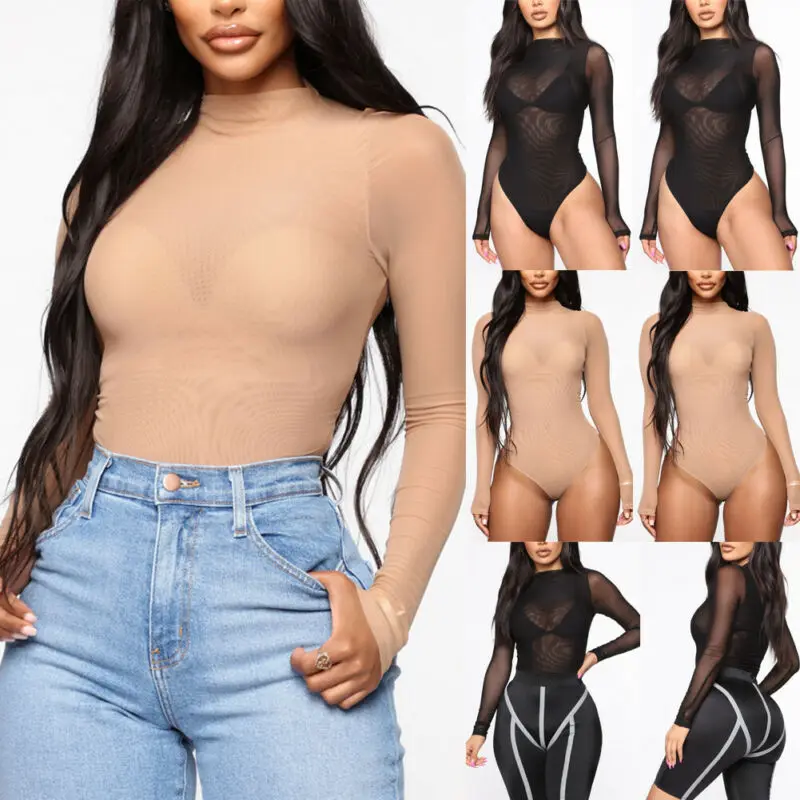 NEW Women Long Sleeve Sheer Bodysuit Bodycon Jumpsuit Romper Leotard Tops Blouse