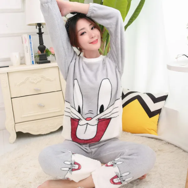 R B hui tu ba ge winter pyjamas Women Warm Flannel Pajama Set Thicken Girl Print pijama Long Sleeve Coral fleece Sleepwear Suit Women Nightshirt - Цвет: R B hui tu ba ge