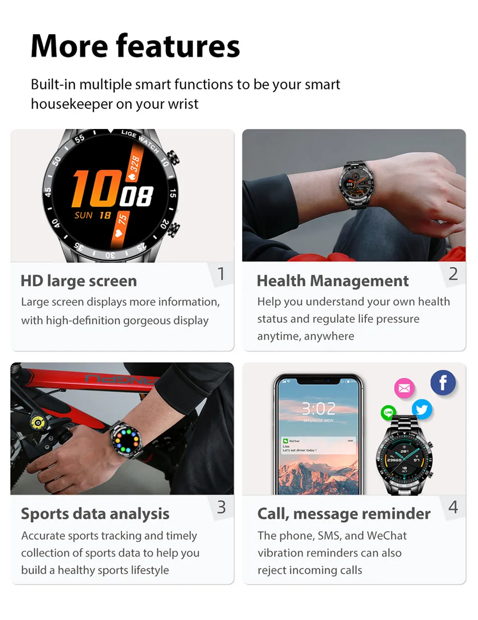 LIGE New Luxury Steel Band Bluetooth Call Smart Watch Men For Android iOS Phone Waterproof Sports Fitness Tracker Smartwatch