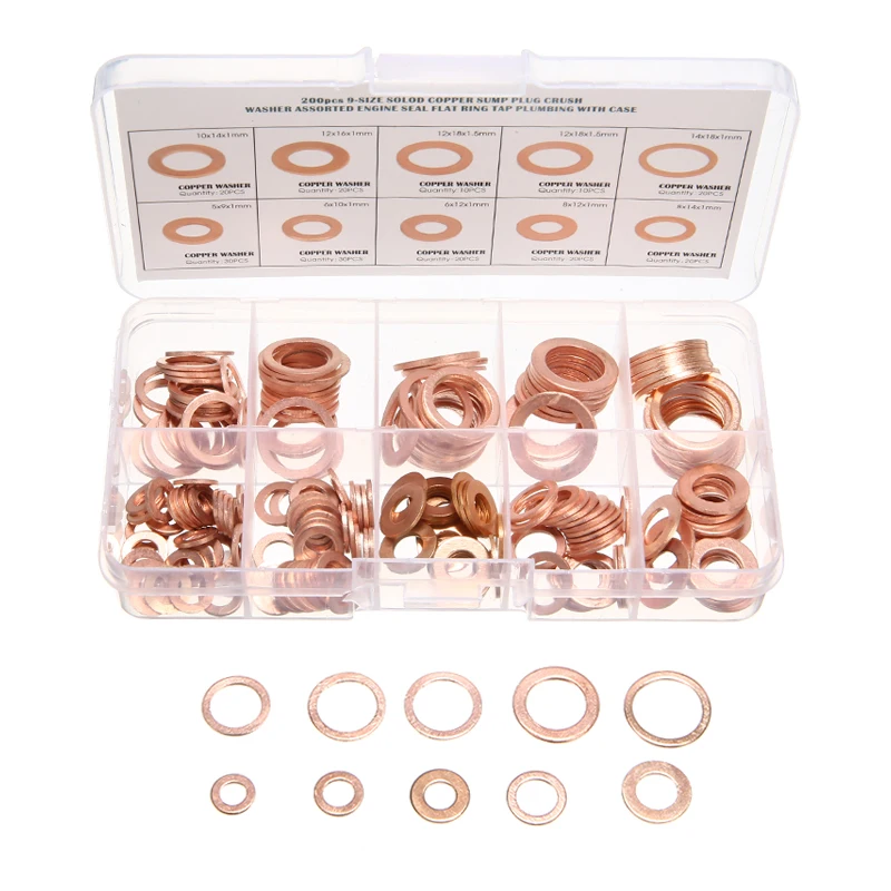 200pcs M5-M14 Solid O Ring Shape Copper Washer Gasket Seal Flat Ring Fuel Hydraulic Fittings Set Accessories
