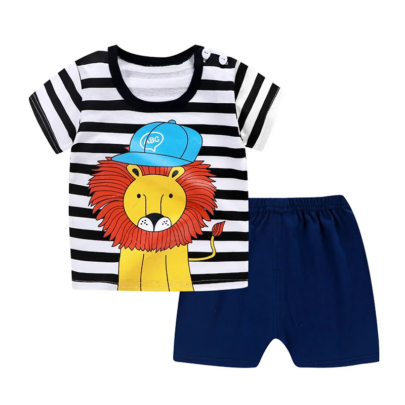 2Pcs/Set Cartoon Animals Baby Clothes Striped Soft Cotton Girl Boy T-Shirt Shorts Set Kids Children Toddler Clothes Gift best Baby Clothing Set Baby Clothing Set