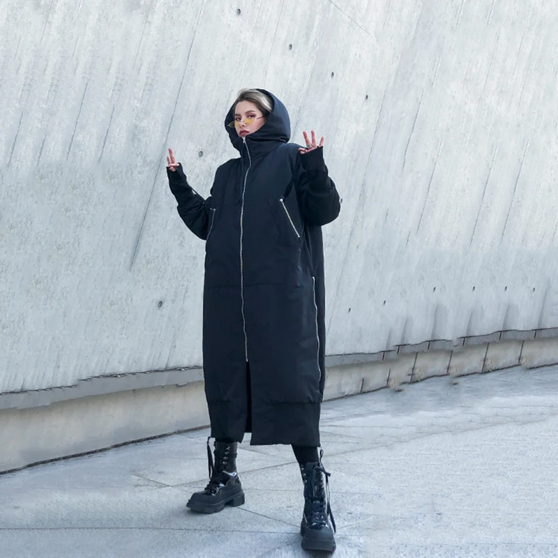 [EAM] Black Big Size Hooded Cotton-padded Coat Long Sleeve Loose Fit Women Parkas Fashion Tide New Autumn Winter 1H886