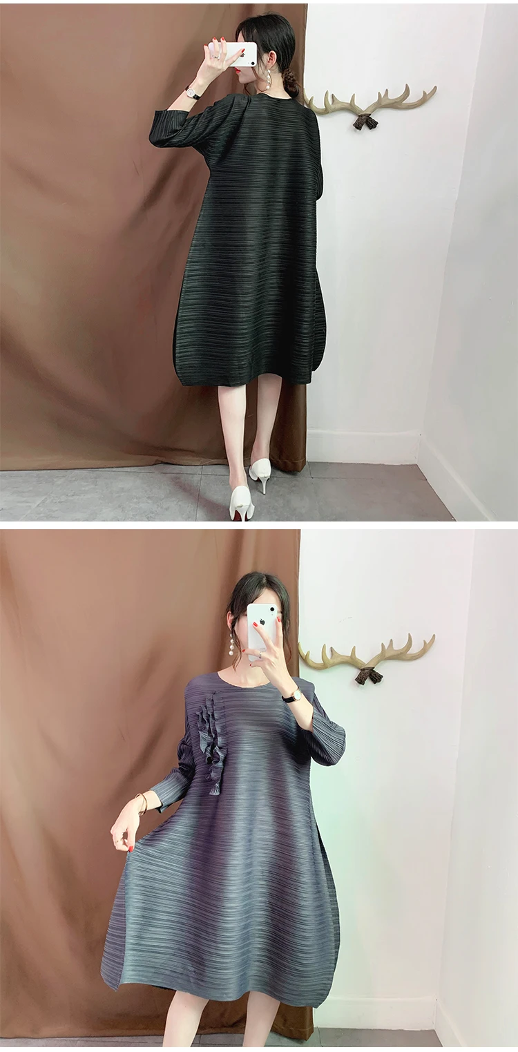 Miyake плиссированное платье новые осенние элегантные оригинальные дизайнерские свободные женские платья до середины икры с круглым вырезом Плиссированные однотонные женские платья
