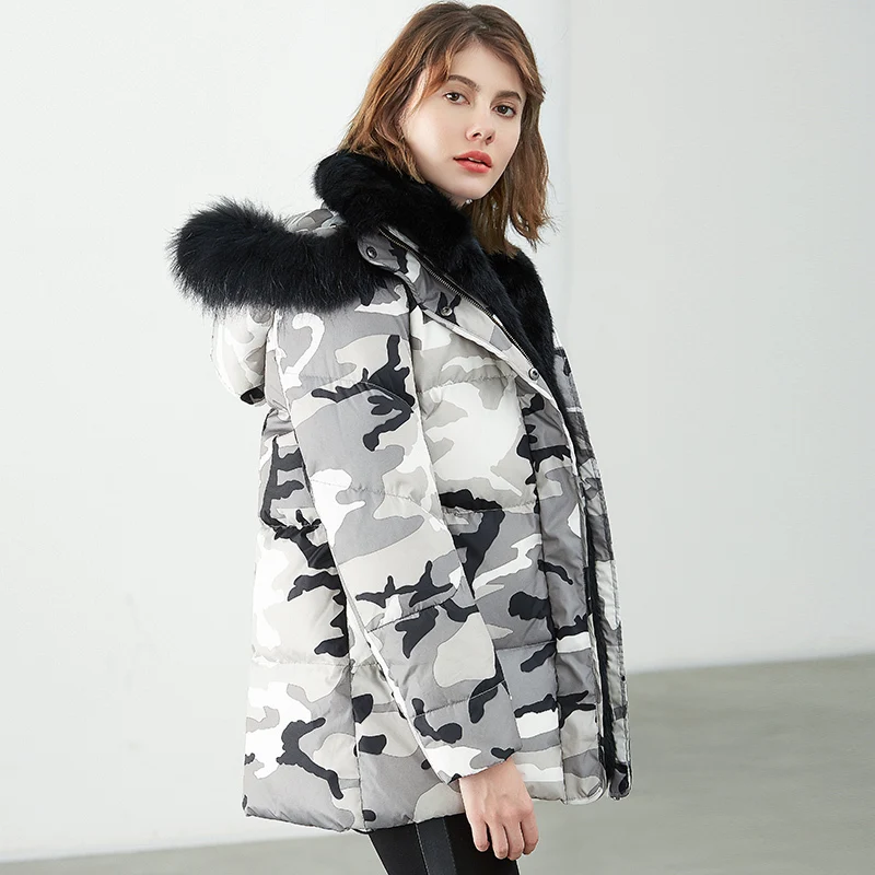 

2020 Women Winter Duck Down Jacket Coat Luxury Rabbit Fur Liner Female Camouflage Long Parkas Raccon fur Plus Size 3XL