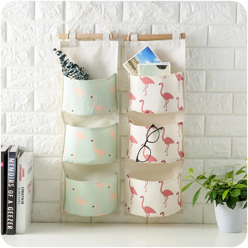 

Flamingo cotton and linen waterproof three-layer storage hanging bag simple fabric wall hanging door back hanging storage bag