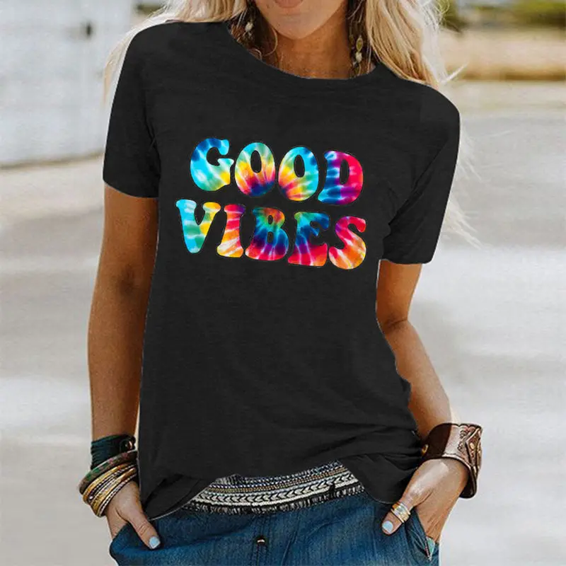 Women Tie Dye Good Vibes Hipster Crew Neck Graphics Soft Tee Slogan Summer Funny Ladies Casual Streetwear Top T-Shirt | Женская одежда