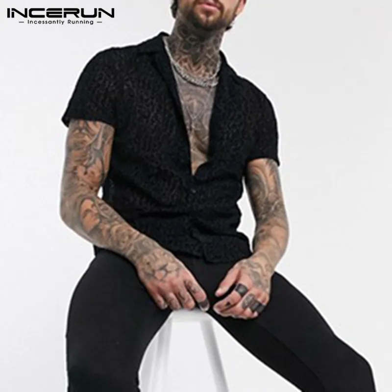 INCERUN Men Leisure Leopard Printed Blusas Fashion Mesh Shirts Short Sleeve Lapel Camisa Punk See Through Blouse Streetwear 5XL INCERUN Men Leisure Leopard Printed Blusas Fashion Mesh Shirts Short Sleeve Lapel Camisa Punk See Through Blouse Streetwear 5XL