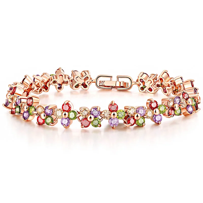 Цветной браслет из фианита и кристалла в форме лепестков, вечерние женские ювелирные изделия, медный материал, розовая цветная коробка, браслет с фианитами, 17-19 см