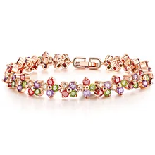 Цветной браслет из фианита и кристалла в форме лепестков, вечерние женские ювелирные изделия, медный материал, розовая цветная коробка, браслет с фианитами, 17-19 см