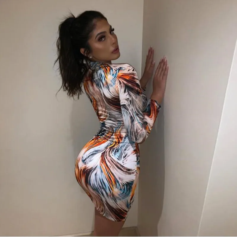 

2020 Long Sleeve Print Colorful Sexy Mini Dress Spring Women Fashion Streetwear Outfits Bodycon Stretchy Club Casual Clothes