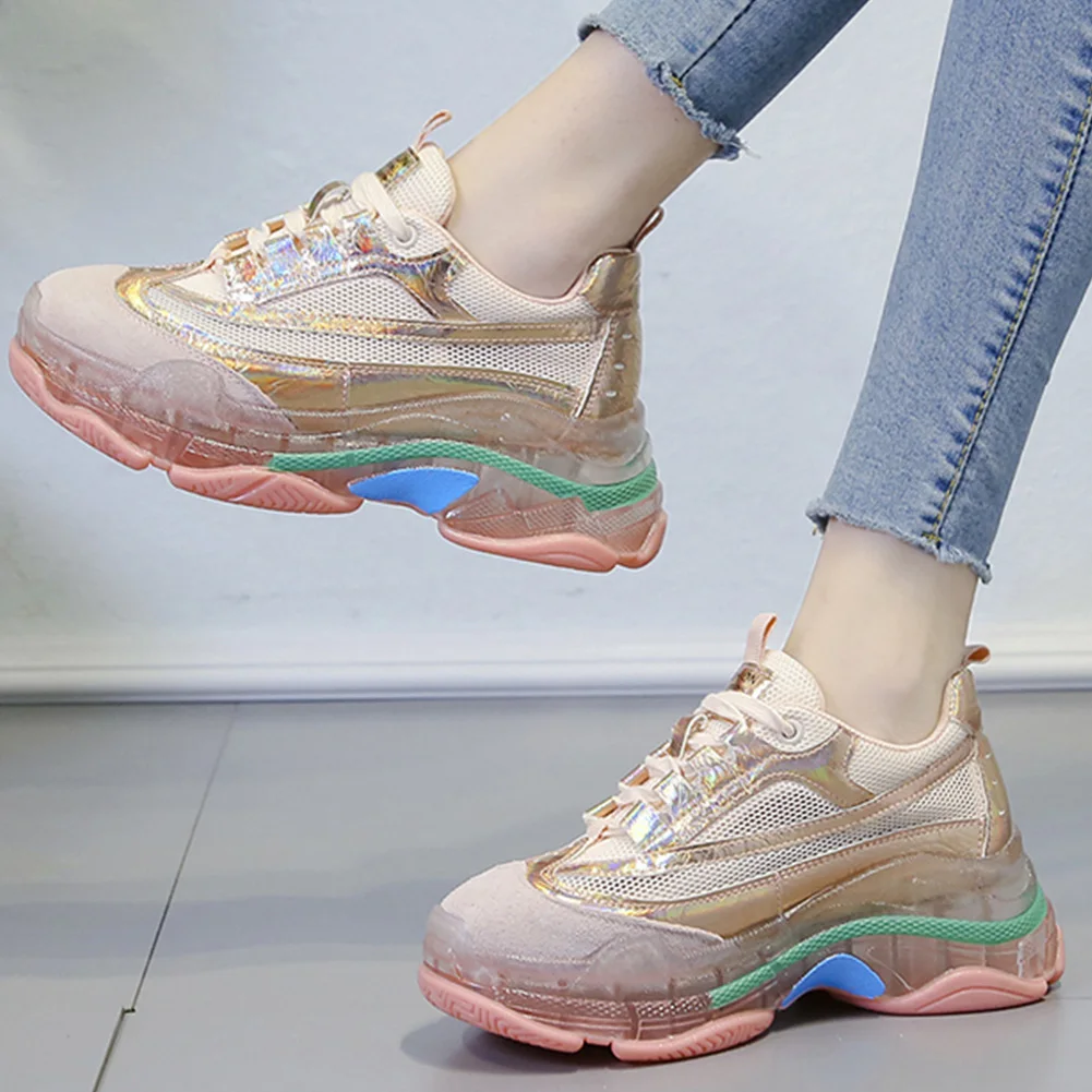 

RIBETRINI women's Sneakers Shoes Woman Fashion Flat Platform Crystal Heels Shoes Woman Lace Up Leisure Shoes Woman