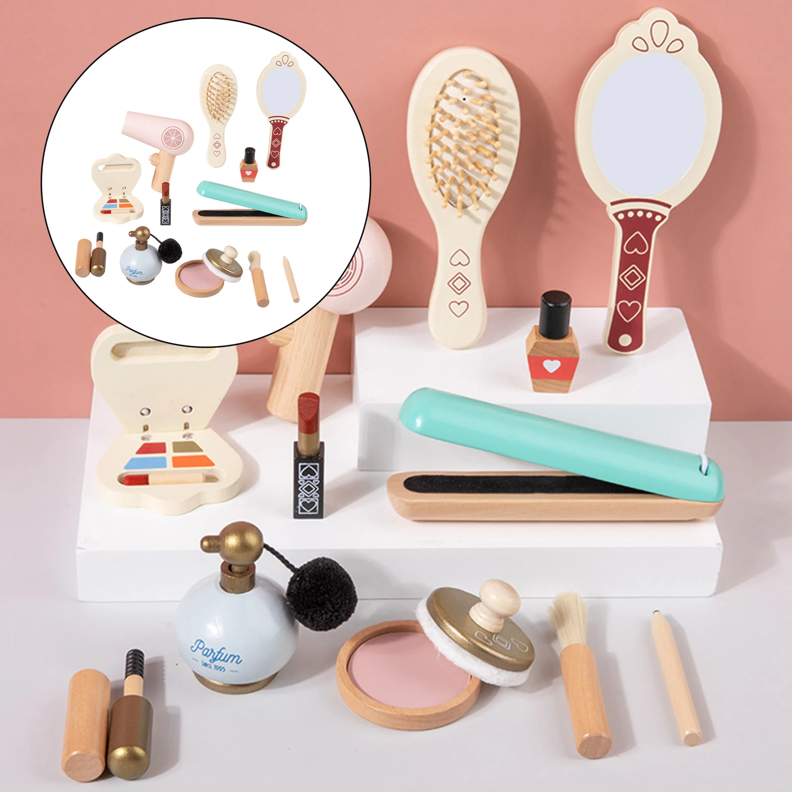 12Pcs/Set Wooden Kids Makeup Kit Role Play Hair Comb Brush Mirror Mascara Gifts Toy Makeup Set with Cosmetic Bag Girls Dressing