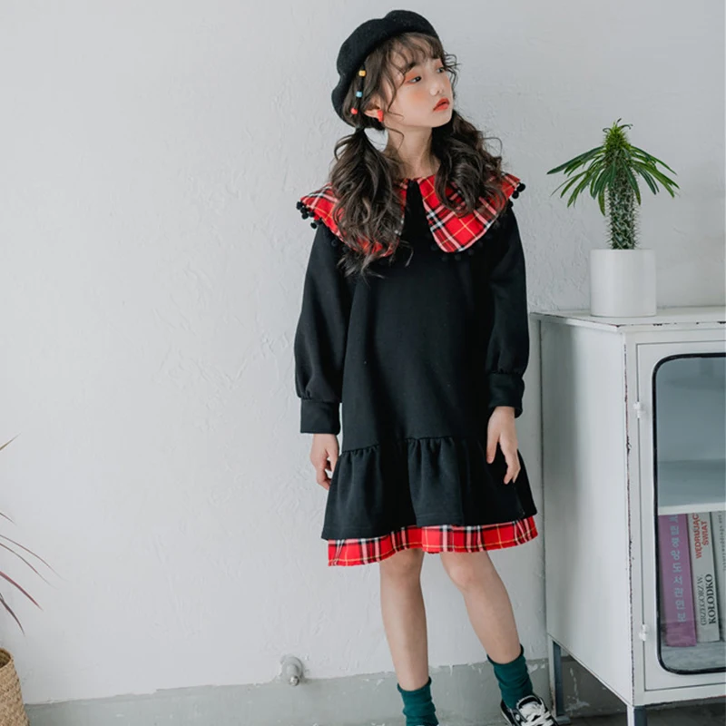 В Корейском стиле черного цвета с длинными рукавами толстовки для девочек платье осень-зима клетчатое лоскутное одеяло Детское платье