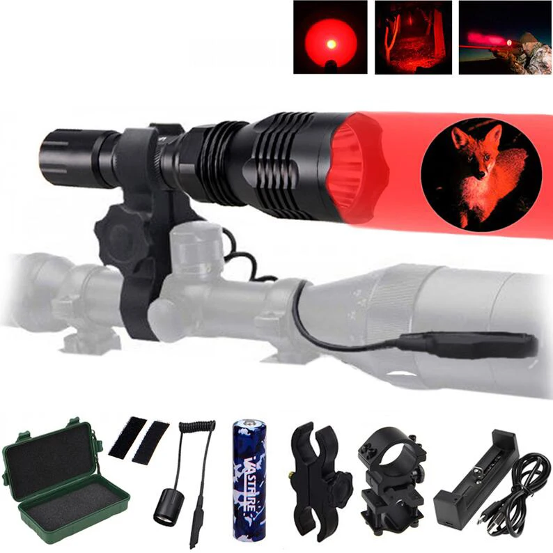 VA-802 1000LM 400 Yards Tactical Hunting Flashlight Military Scout Torch Lantern+Rifle Scope Mount+Remote Switch+18650+Charger - Испускаемый цвет: Красный