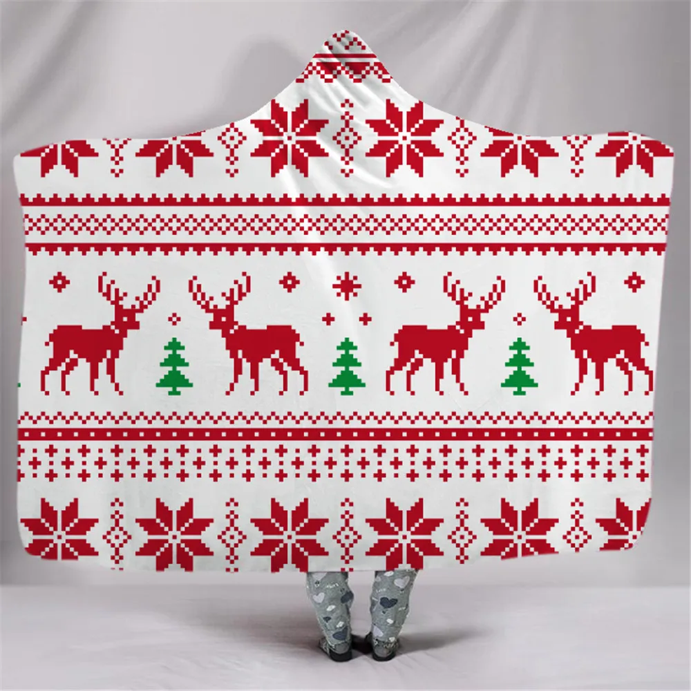 

3D Christmas pattern Hooded Blanket Sherpa Fleece Wearable plush Throw Blanket on Bed Sofa Thick warm Dropship