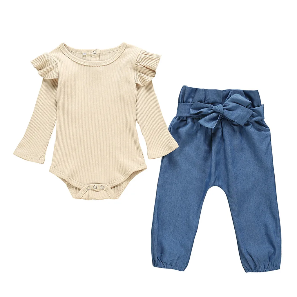 Комплект одежды для детей; Одежда для новорожденных девочек с длинными рукавами и лепестками сбоку; комбинезон; боди+ джинсовые штаны; джинсовый костюм