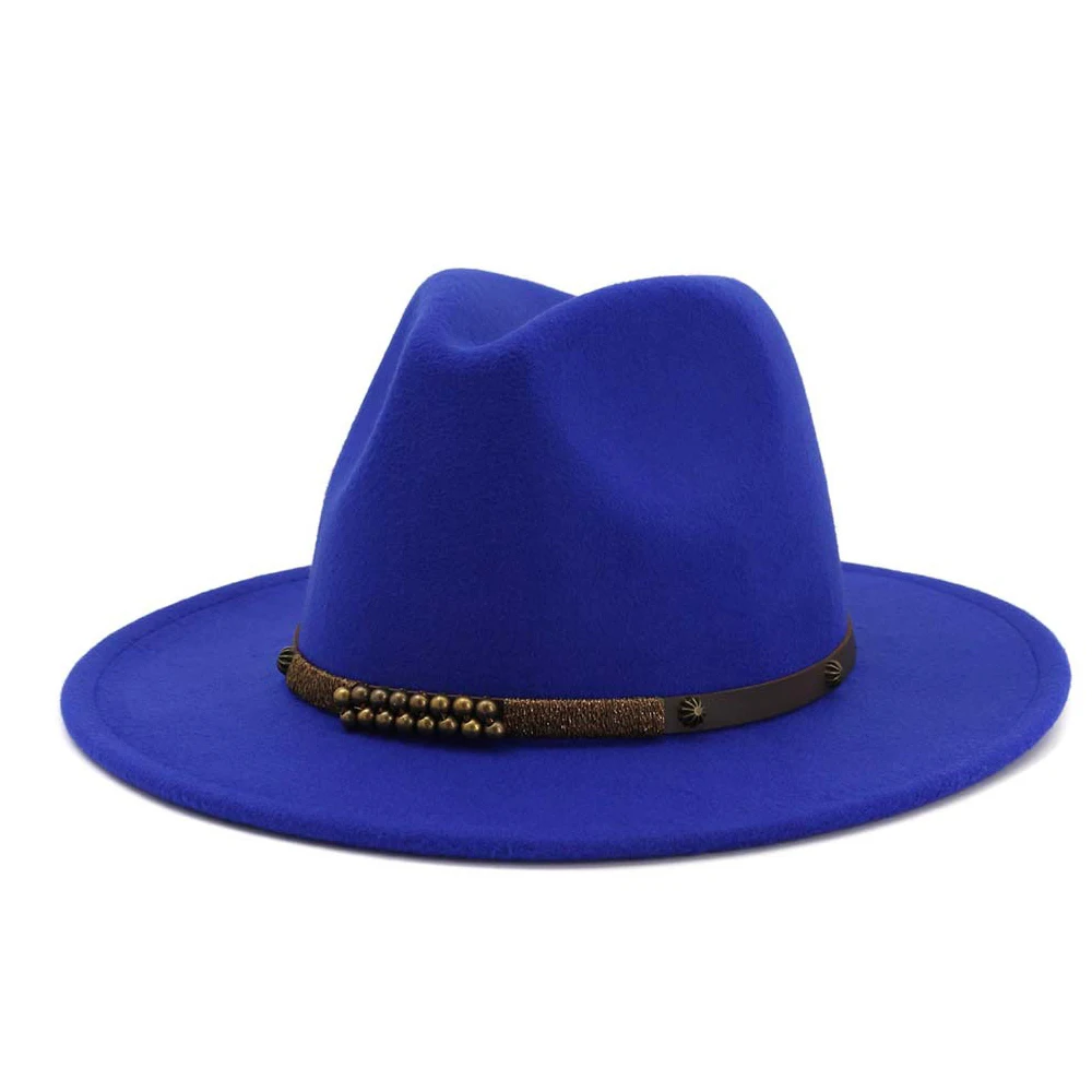 Men Women Fedora Hat With Belt Wide Brim Hat Ladies Winter Hat Pop Jazz Hat - Цвет: Blue
