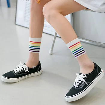 

SP&CITY Striped Rainbow Fishnet Socks Women Summer Thin Transparent High Socks For Female Casual Skateboard Art Socks Hipster
