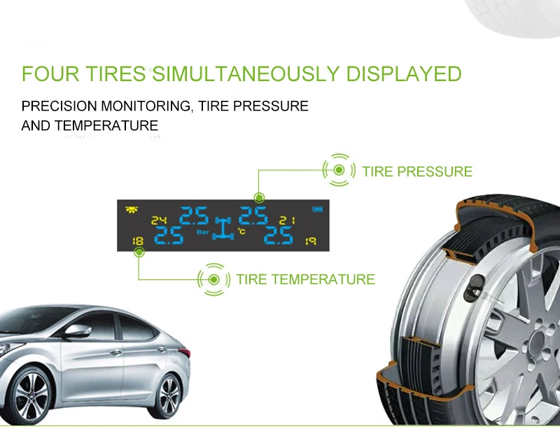 Автомобильный монитор давления в шинах, система солнечной энергии, цифровой ЖК-дисплей, 4 колеса, внутренний внешний датчик шин, оповещение о температуре