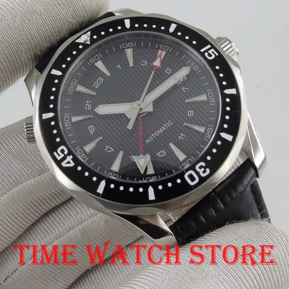 Новые 41 мм Bliger GMT автоматические часы мужские роскошные механические водонепроницаемые черный циферблат кожаный ремешок керамический светящийся сапфир 891