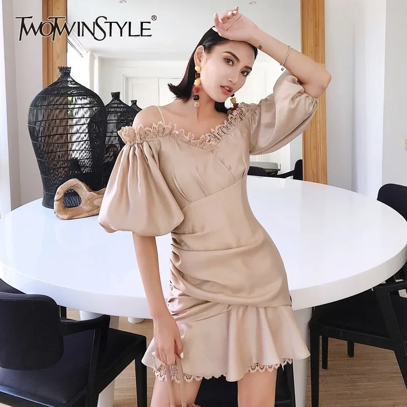 

TWOTWINSTYLE Off Shoulder Sexy Dress Women V Neck Strap Lace Patchwork Lantern Sleeve Asymmetrical Short Dresses Female 2019 New
