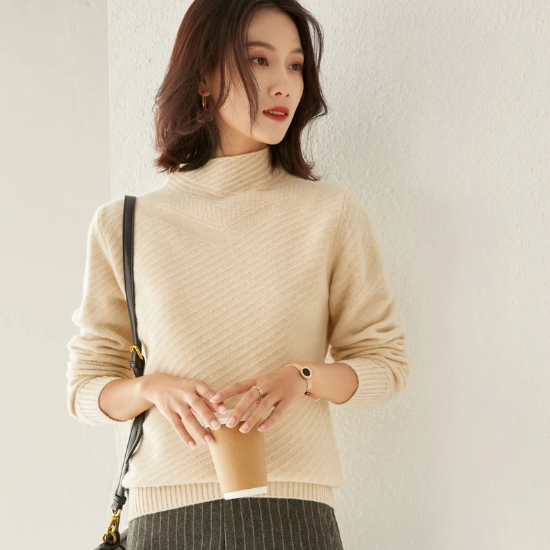 

Ladies' New Cashmere Sweater Half High Collar Autumn Winter Pure Wool Knit Pullover All-Match Base Shirt Large size Warm Women's
