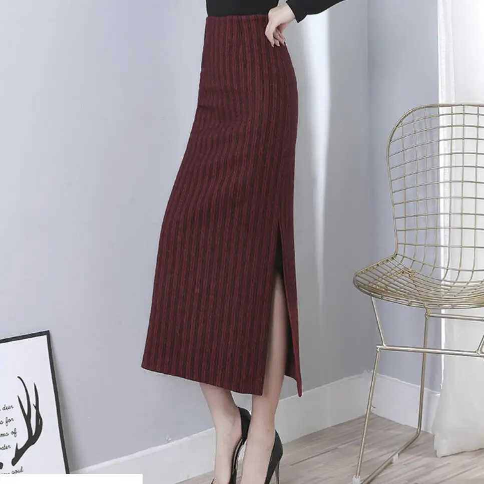 plus size 5XL! winter fashion striped woolen skirt women high waist package hip split skirt