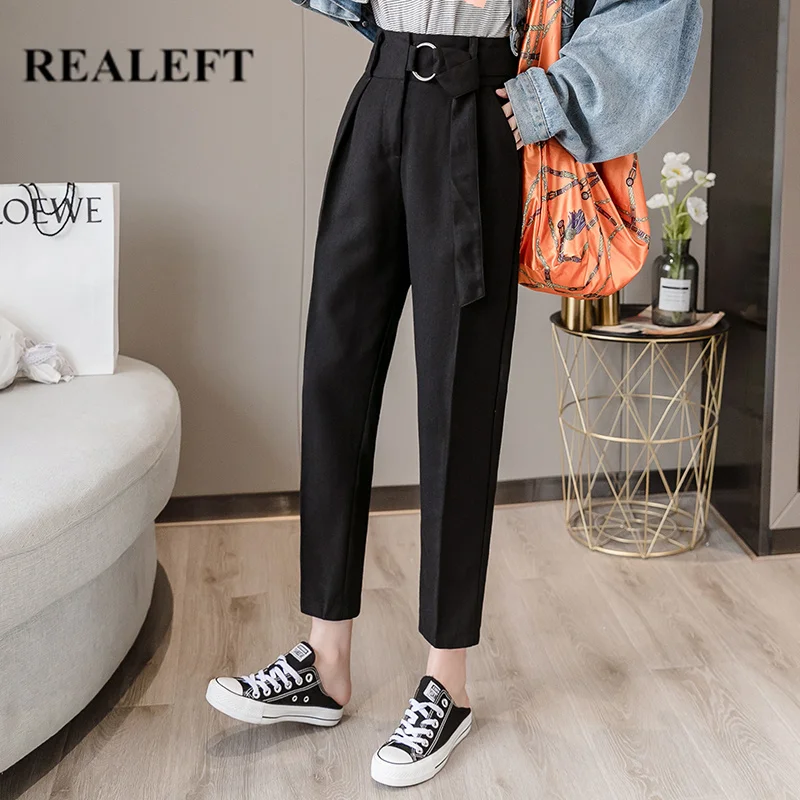 

REALEFT 2019 New OL Style Casual Sashes High Waist Straight Pants Women Female Work Pants Vintage Black Trousers Office Lady
