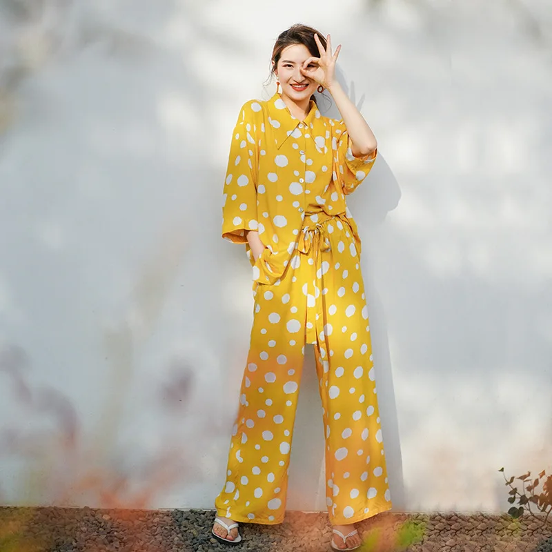 

Spring New Women's Long Sleeve Pajamas Polka Dot Printing Viscose Pijama Mujer 2-Piece Simple Sleepwear Comfortable Home Clothes