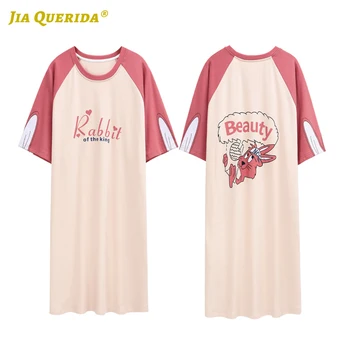 

Red New Night Wear Night Gown Crew Neck Summer Patchwork Cartoon Printing Night Dress Home Dress Nighties for Woman Nighty