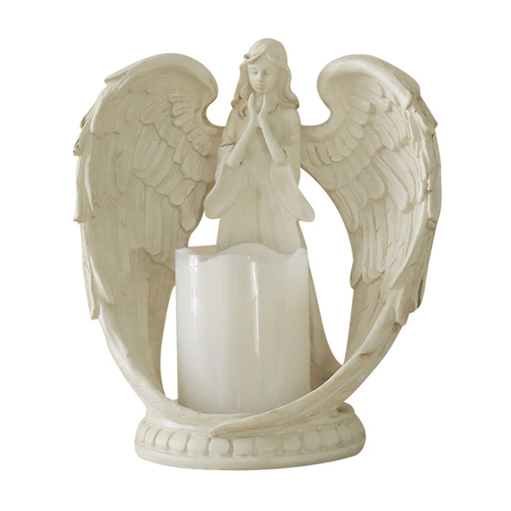 

Flamless Wings Electronic Candlestick Ornaments Sculpture Resin Praying Decorative Wedding Angel Figurine Crafts Christmas Gifts