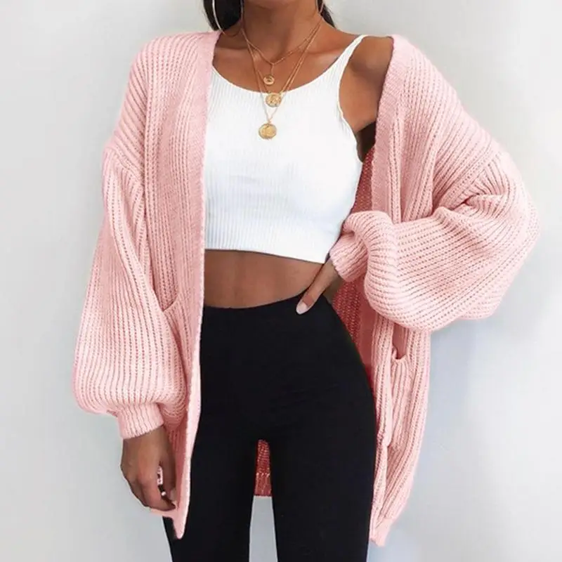 

Misswim Casual long cardigans 2019 Autumn Oversized knitted cardigan Chic streetwear Plus Size Cardigans Pocket pink Knitwear