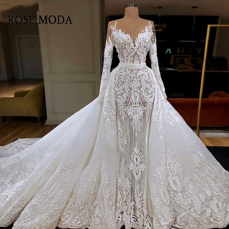 

Rose Moda Long Sleeves Lace Wedding Dresses with Removable Long Train Custom Make