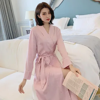 

Women's Silk Fashion Large Edition Lapel Printed Dressing Gown Long Sleeve Tied Bandwidth Loose Kimono Female Bathrobe 2020