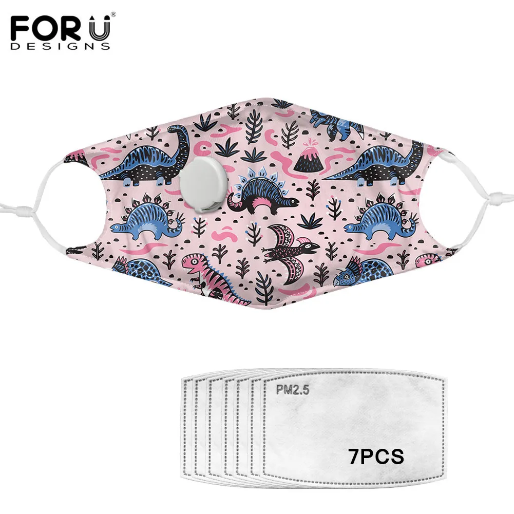 

FORUDESIGNS Cute Cartoon Dinosaurs Design Kid&Adults Kawaii Dustproof Half Mouth Valve Mask Outdoor PM2.5 Carbon Filters Maskes