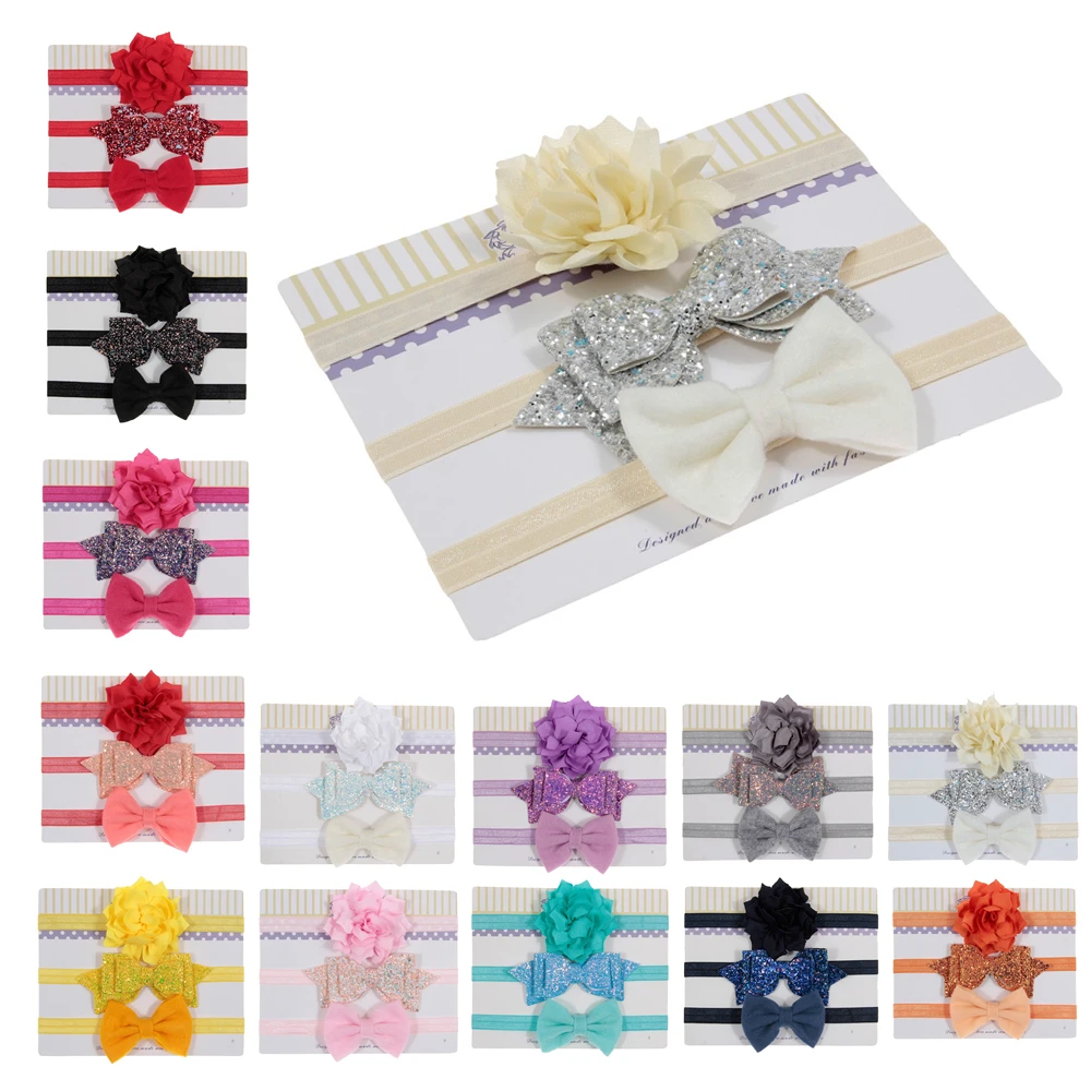 New 3pcs/lot Sequin Felt Bow Lotus Flower Elastic Headbands Kids Photography Props Baby Girls Cute Headwear Christmas Gift Sets