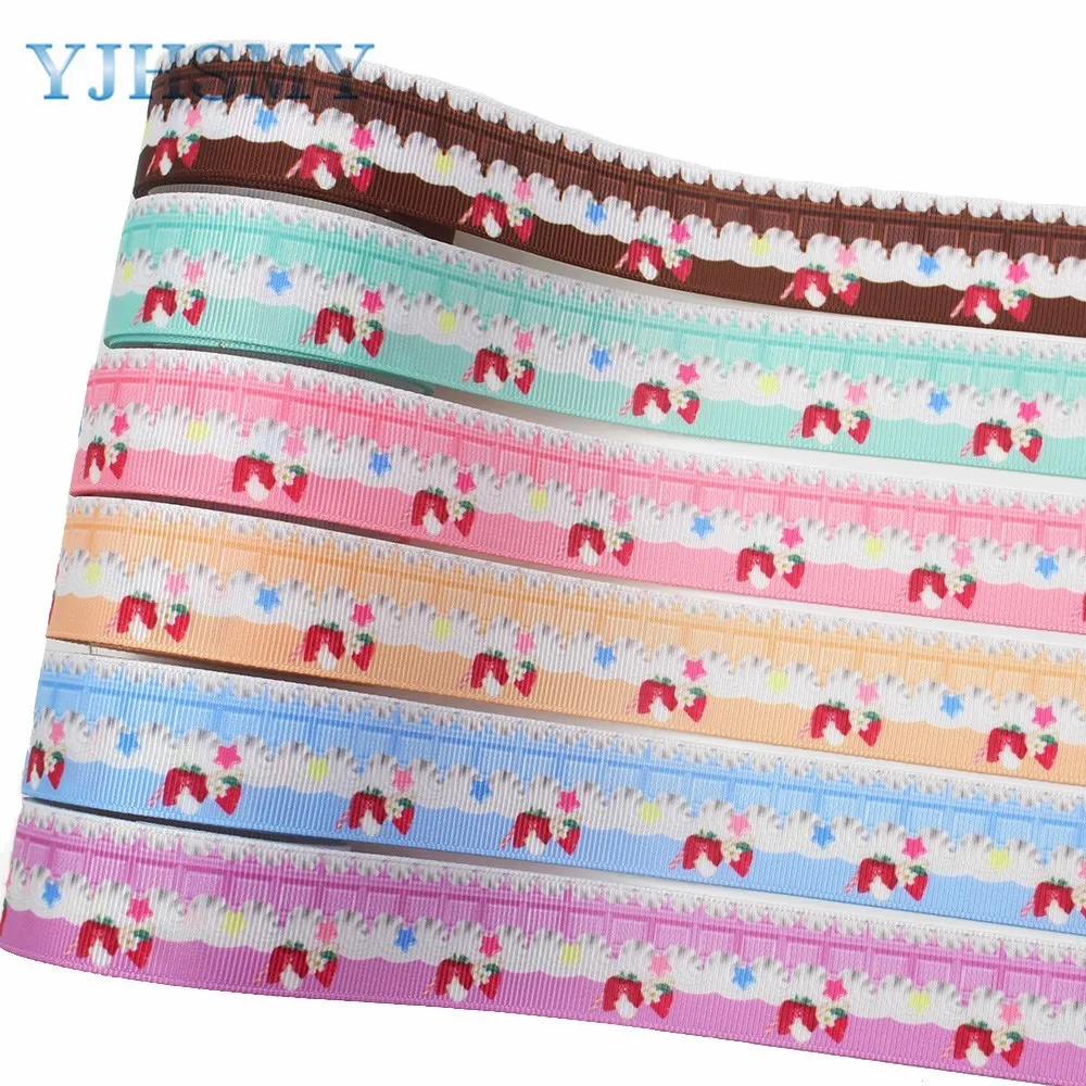 YJHSMY I-191211-2703, 25 мм 10 ярдов торт клубника мультфильм печатных корсажные ленты, лук кепки, одежда, украшения для вечеринки сделанные своими руками