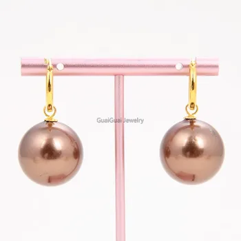 

GG Jewelry BIG Coffee Round 20mm Sea Shell Pearl Gold Plated 925 Silver Circle Hook Earrings
