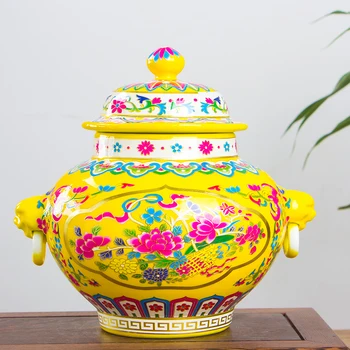 

JINGDEZHEN ANTIQUE ANCIENT ENAMEL CHINESE CERAMIC FLOWER VASE HOME OFFICE DECORATIVE DOUBLE EARS KING PORCELAIN JAR TANK