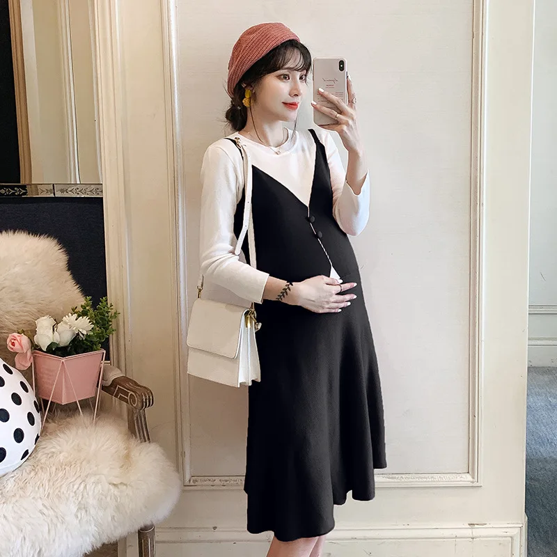 

Spring And Autumn New Style Maternity Clothes Long Sleeve Elegant Base Sweater Mid-length over-the-Knee Elegant Dress Fake Two-P