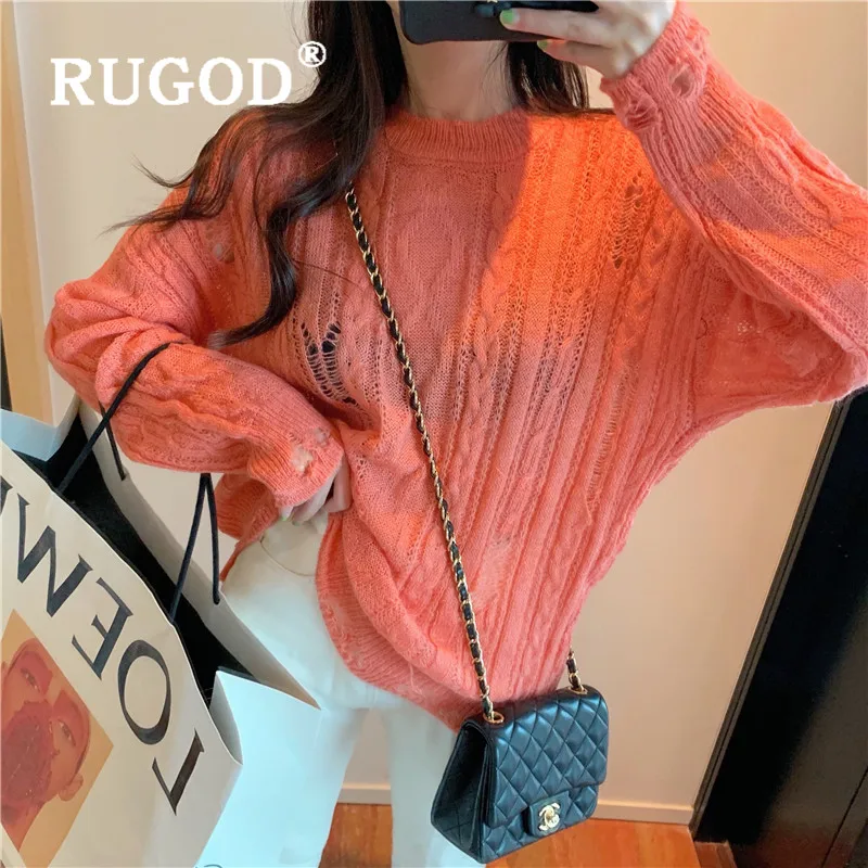 RUGOD, корейский, стиль, шикарный, полый пуловер, однотонный, круглый вырез, свободный, длинный рукав, свитер, зимние топы для женщин, мода