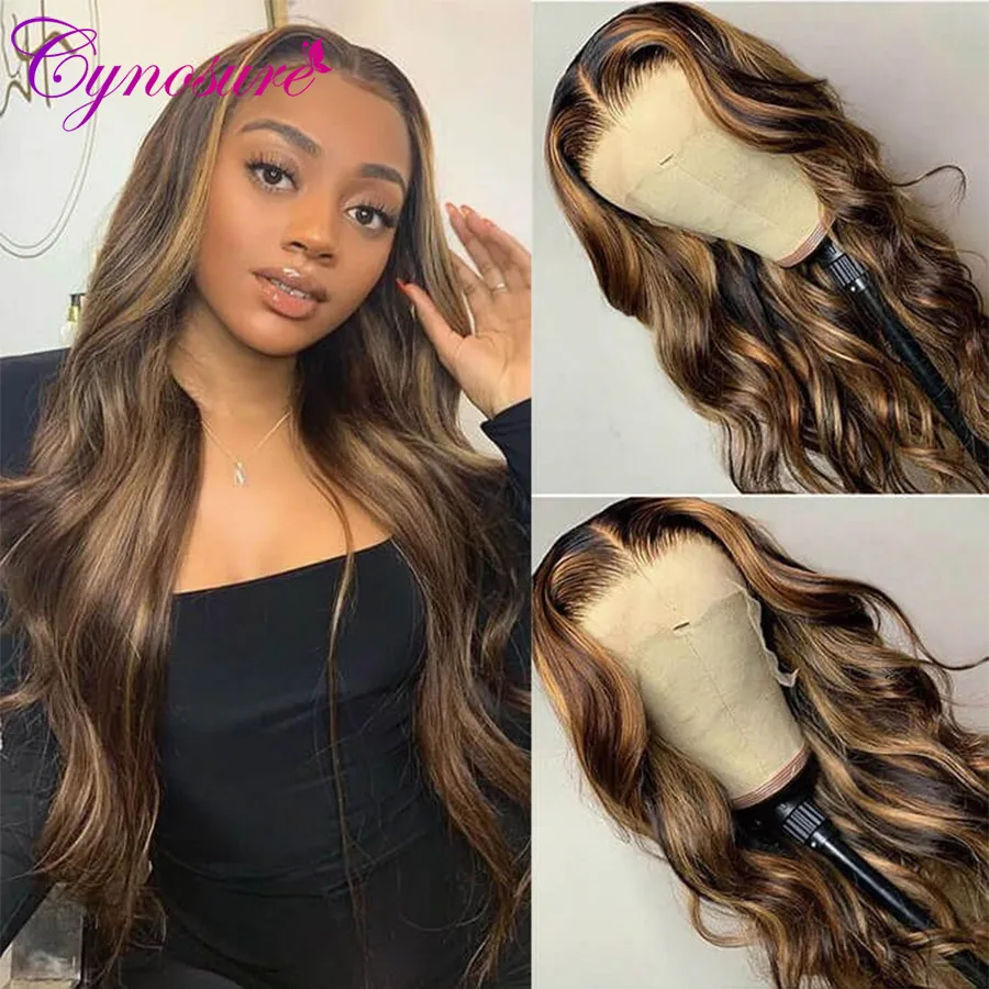 Human-Hair Wigs Highlight Lace-Frontal Body-Wave Cynosure Black Colored Women -4/27 Peruvian