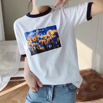 

Women's T-shirt 2020 Spring New White Cotton Tulip Print T-shirt Letter Printing Women