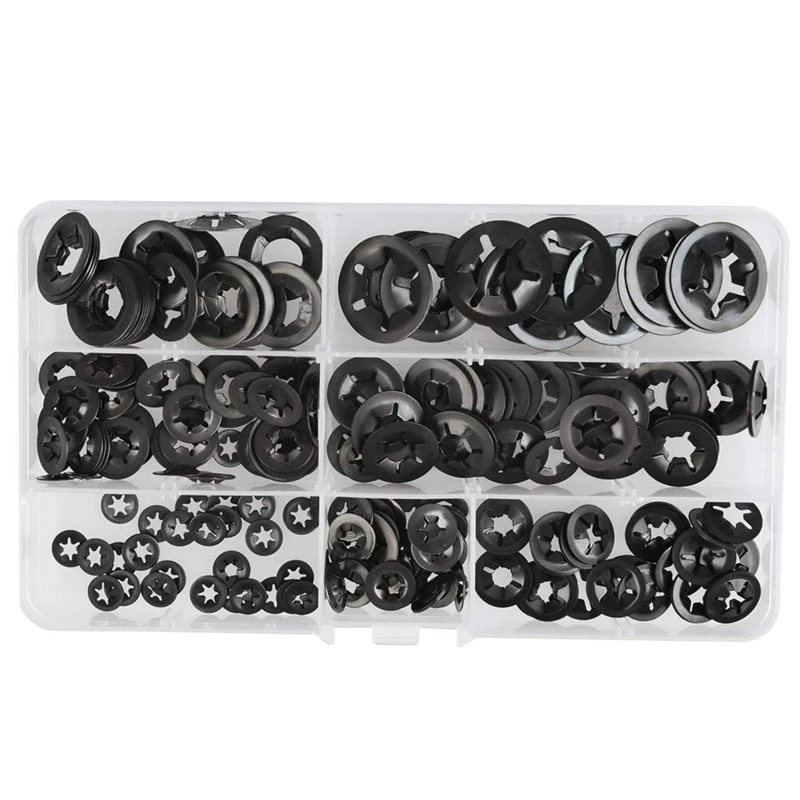 

340Pcs Internal Tooth Starlock Washers Quick Speed Locking Washers Push on Speed Clips Fasteners Assortment Kit,Black Oxide Fini