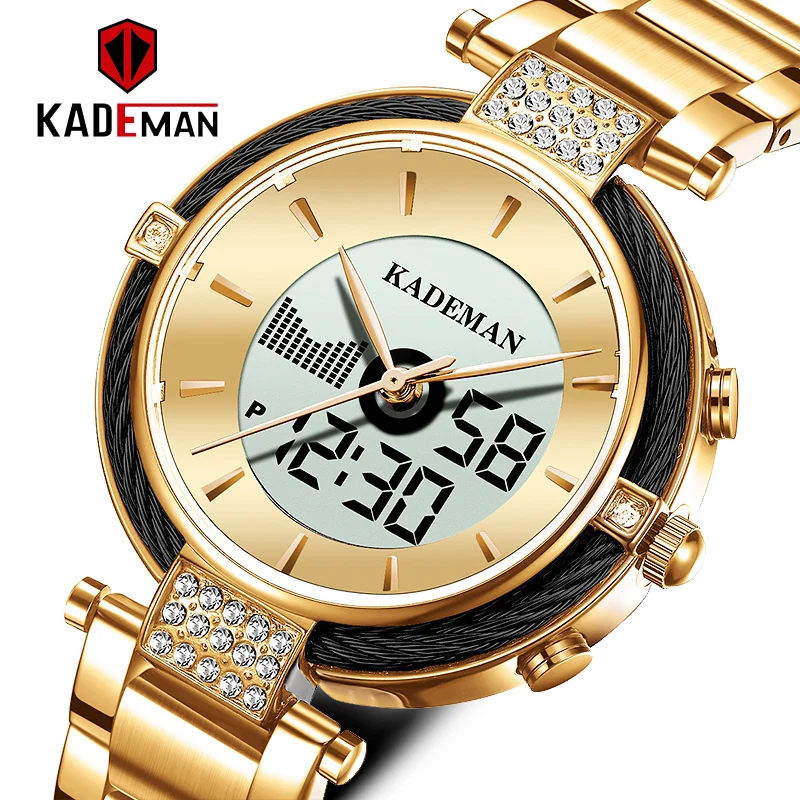 

KADEMAN New Dual Display Fashion Women Watches LED Clock Multiple Time Zone Waterproof Quartz Wristwatches Lady Relogio Feminino